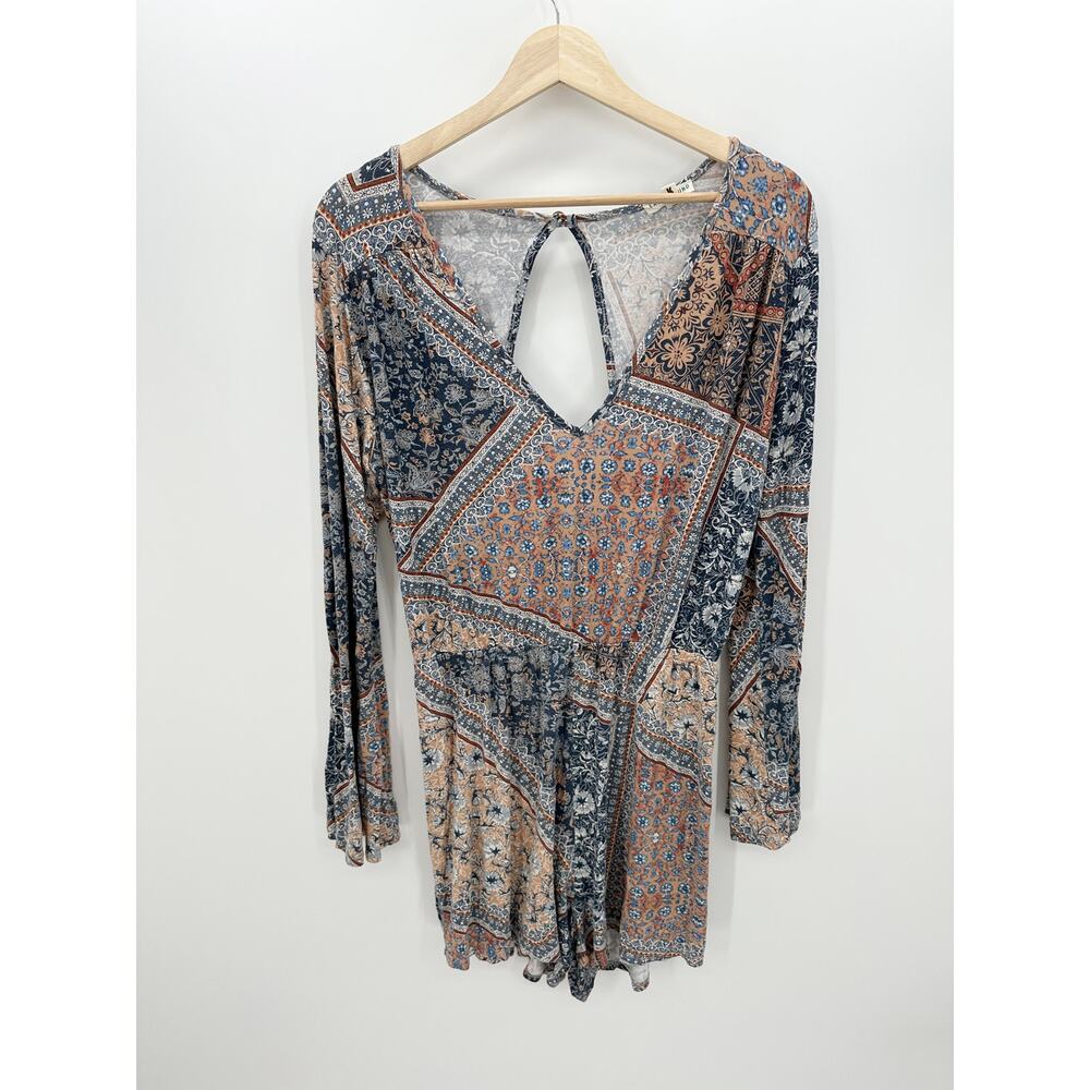 Earthbound Trading Co Blue Tan Floral Long Sleeve Romper Open Back Boho Women XL - Picture 1 of 9